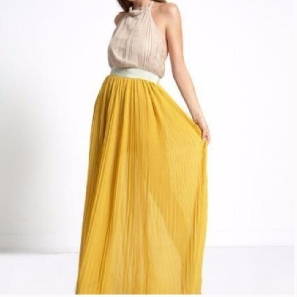 LUCY PARIS NWT Pleated Halter Goldie Maxi Dress Backless Gold Yellow Beige Small - Picture 2 of 16